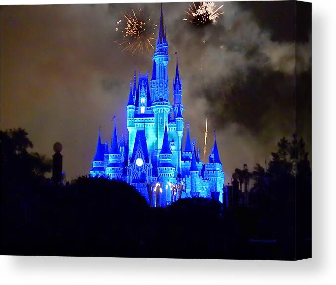 Castle Canvas Print featuring the photograph Magic Kingdom Castle In Deep Blue With Fireworks by Thomas Woolworth