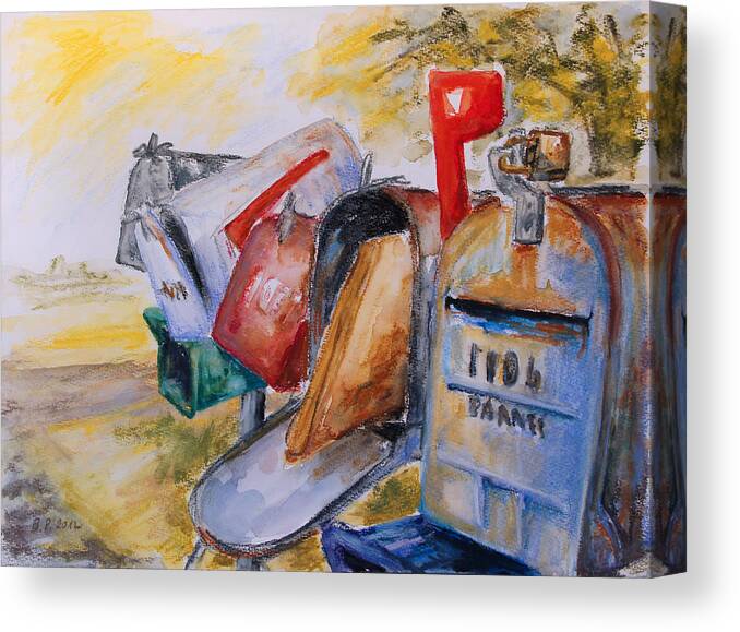 Barbara Pommerenke Kathryn J Kathrynjonvoy Texas Mailboxes Letterbox American Amerikanische Briefkaesten Usa Wachspastell Fort Worth Weatherford Waxpastels Sommer Summer Canvas Print featuring the painting Mailboxes In Texas by Barbara Pommerenke