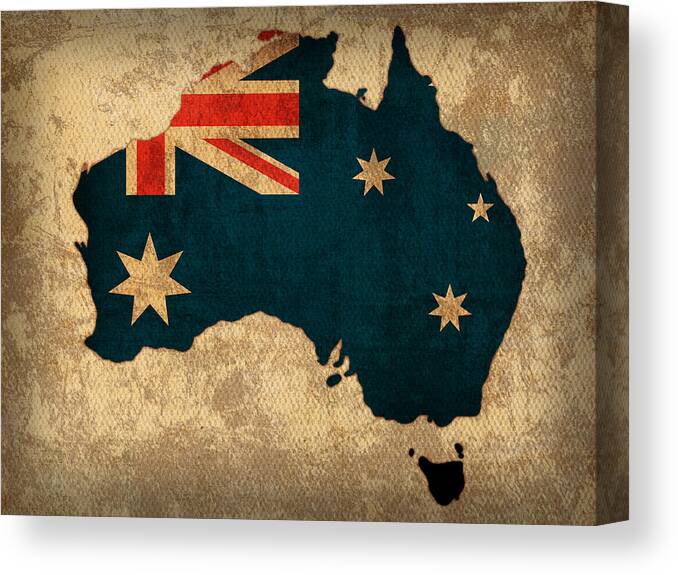 Map Of Australia With Flag Art On Distressed Worn Canvas Canvas Print featuring the mixed media Map of Australia With Flag Art on Distressed Worn Canvas by Design Turnpike