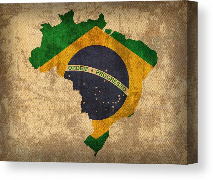 Map Of Brazil With Flag Art On Distressed Worn Canvas Canvas Print featuring the mixed media Map of Brazil With Flag Art on Distressed Worn Canvas by Design Turnpike
