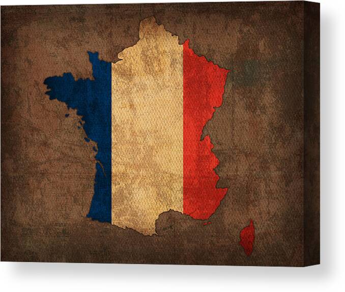 Map Of France With Flag Art On Distressed Worn Canvas Canvas Print featuring the mixed media Map of France With Flag Art on Distressed Worn Canvas by Design Turnpike