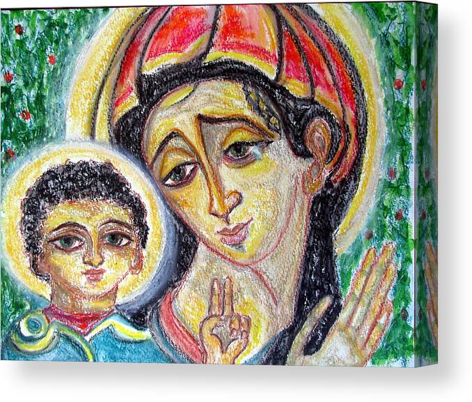 Kiko Arguello Design Canvas Print featuring the painting Mary and Jesus of green eyes by Sarah Hornsby