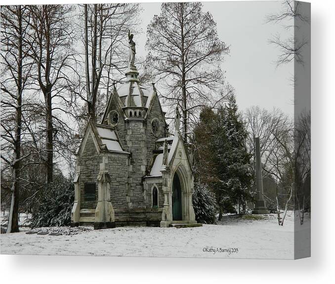 Spring Grove Cemetery Canvas Print featuring the photograph Mausoleum in Winter by Kathy Barney