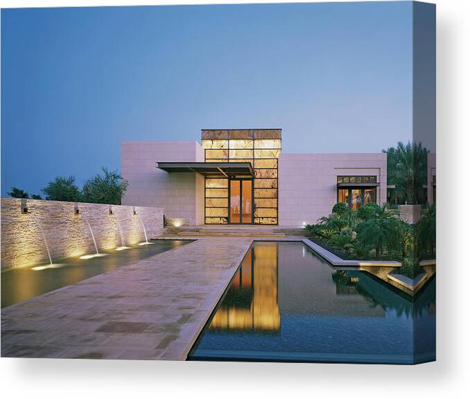 No People Canvas Print featuring the photograph Modern Building With Pool At Dusk by Erhard Pfeiffer