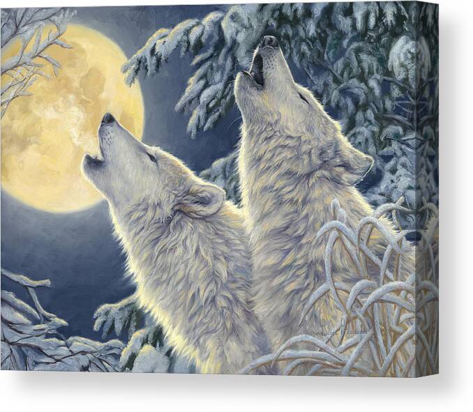Wolf Canvas Print featuring the painting Moonlight by Lucie Bilodeau