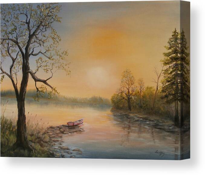 Luczay Canvas Print featuring the painting Moored at Sunset by Katalin Luczay