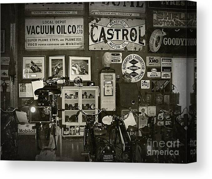 Photography Canvas Print featuring the photograph Motorcycle Museum - Oils - Old Signage by Kaye Menner
