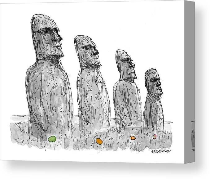 (colored Easter Eggs Lay At The Base Of Easter Island Statues.) Regional Canvas Print featuring the drawing New Yorker April 5th, 1999 by James Stevenson