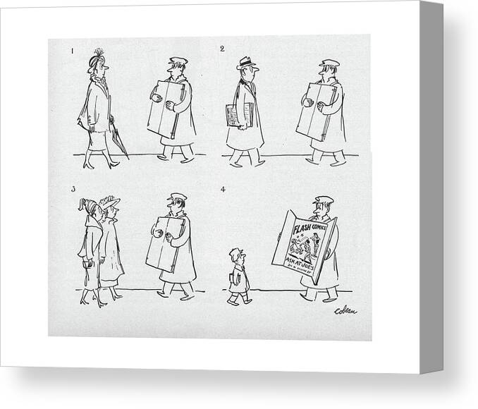 99988 Sco Sam Cobean Sandwich Man Passes Several People Canvas Print featuring the drawing New Yorker April 9th, 1949 by Sam Cobean