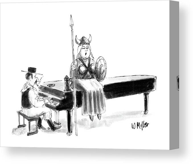 (women In Operatic Viking Costume Sits Atop Piano Singing Canvas Print featuring the drawing New Yorker June 22nd, 1987 by Warren Miller