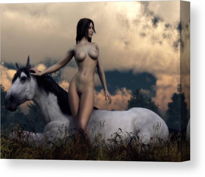 Nude Canvas Print featuring the digital art Nude and White Horse by Kaylee Mason