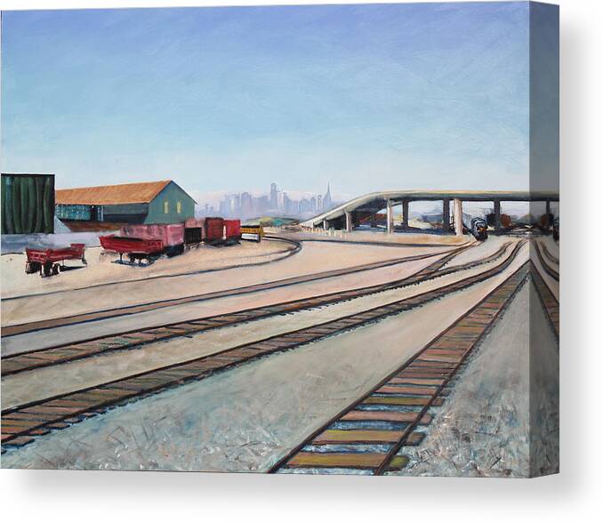 Urban Painting Canvas Print featuring the painting Oakland Train Tracks and San Francisco Skyline by Asha Carolyn Young