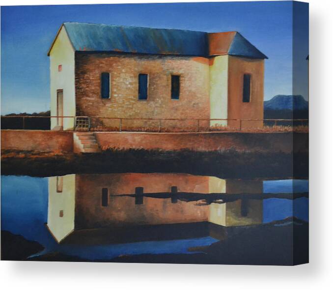 A Old School House Located In New Mexico With Mountains And Next To A Small Pond Canvas Print featuring the painting Old School House by Martin Schmidt