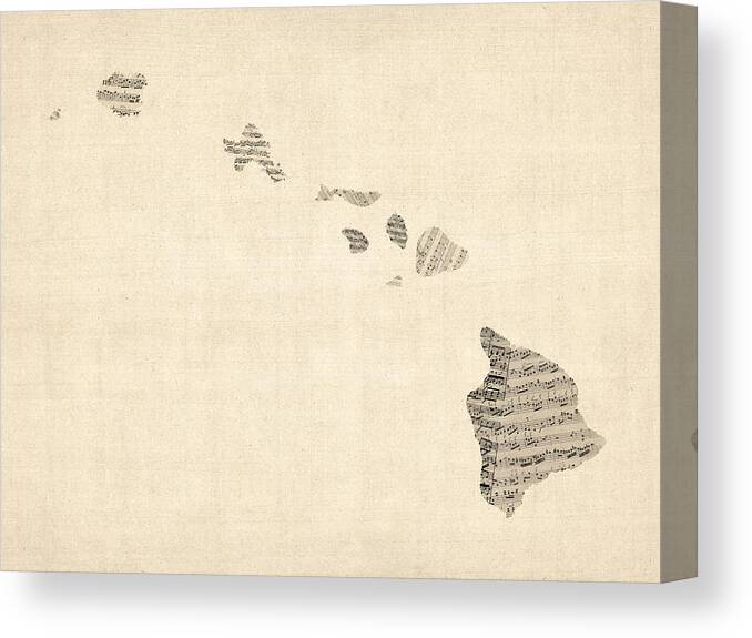 United States Map Canvas Print featuring the digital art Old Sheet Music Map of Hawaii by Michael Tompsett