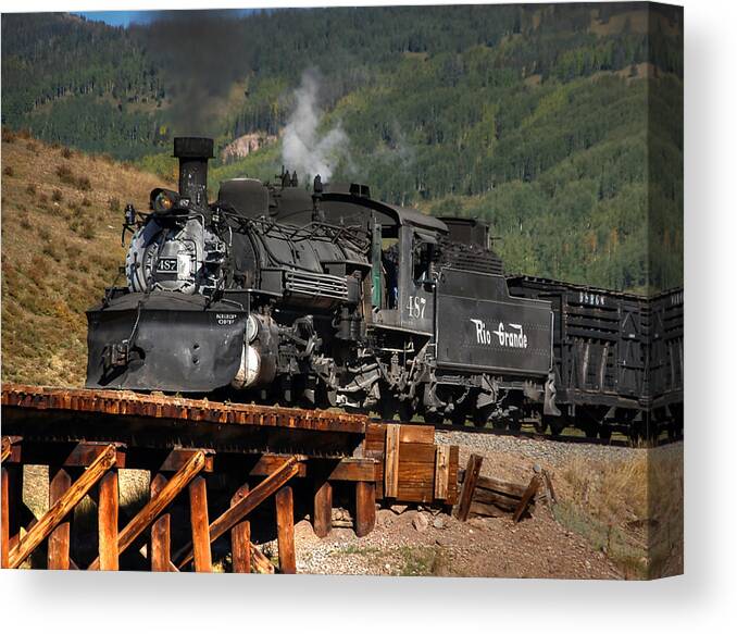 Steam Train Photographs Canvas Print featuring the photograph On the trestle by Ken Smith