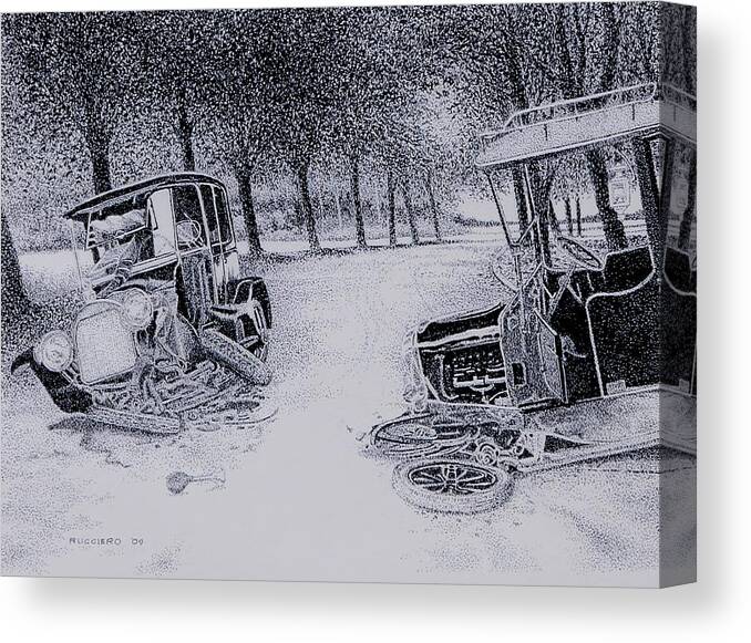 Pen Ink Auto Automobile Cars Motor Vehicles Classic Cars Antique Auto Country Road Canvas Print featuring the painting Oops by Tony Ruggiero
