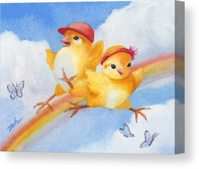 Rainbow Art Canvas Print featuring the painting Baby Chicks - Over the Rainbow by Janet Zeh