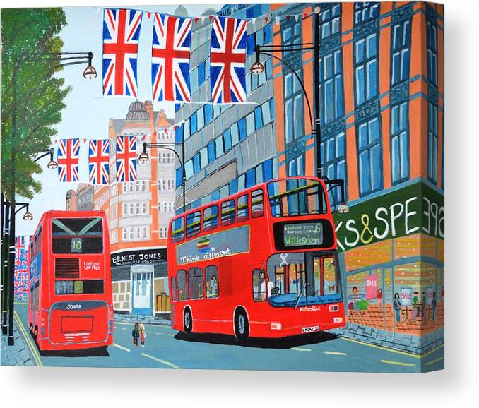 London Canvas Print featuring the painting Oxford Street- Queen's Diamond Jubilee by Magdalena Frohnsdorff