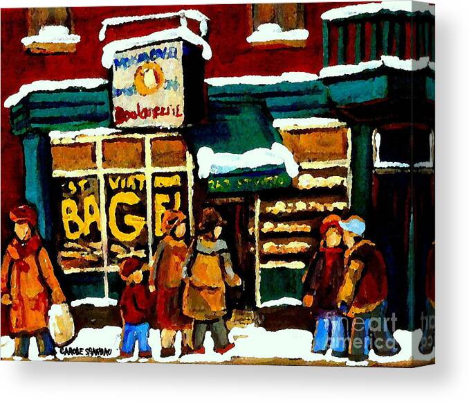 St.viateur Bagel Canvas Print featuring the painting Paintings Of St Viateur Bagel Bakery Montreal Depanneur Deli Boulangerie Art Cityscene C Spandau by Carole Spandau
