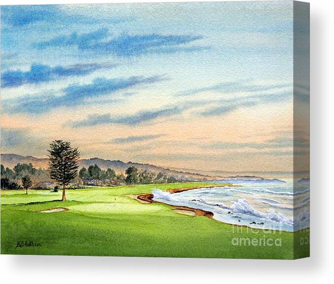 Pebble Beach Golf Course Canvas Print featuring the painting Pebble Beach Golf Course 18Th Hole by Bill Holkham
