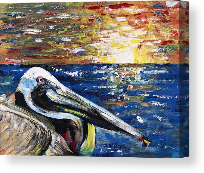 Pelican Canvas Print featuring the painting Pelican Sunset by Alan Metzger