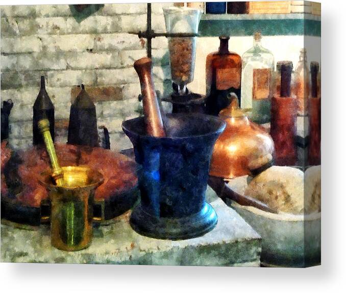 Drugstore Canvas Print featuring the photograph Pharmacist - Three Mortar and Pestles by Susan Savad