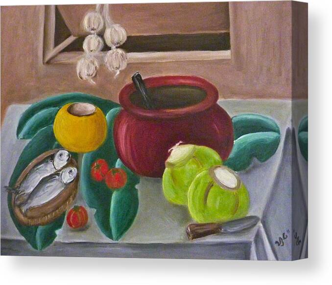 Philippine Still Life Canvas Print featuring the painting Philippine Still Life with Fish and Coconuts 2 by Victoria Lakes