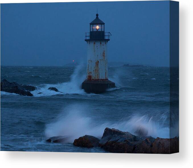 Salem Canvas Print featuring the photograph Pickering Lighthouse hit by storm surge by Jeff Folger