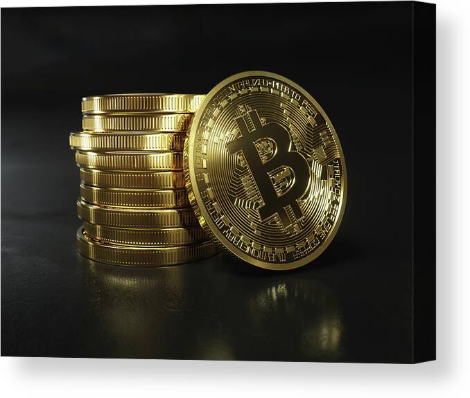 Bit Coin Canvas Print featuring the photograph Pile Of Shiny New Gold Bitcoins by Ikon Ikon Images