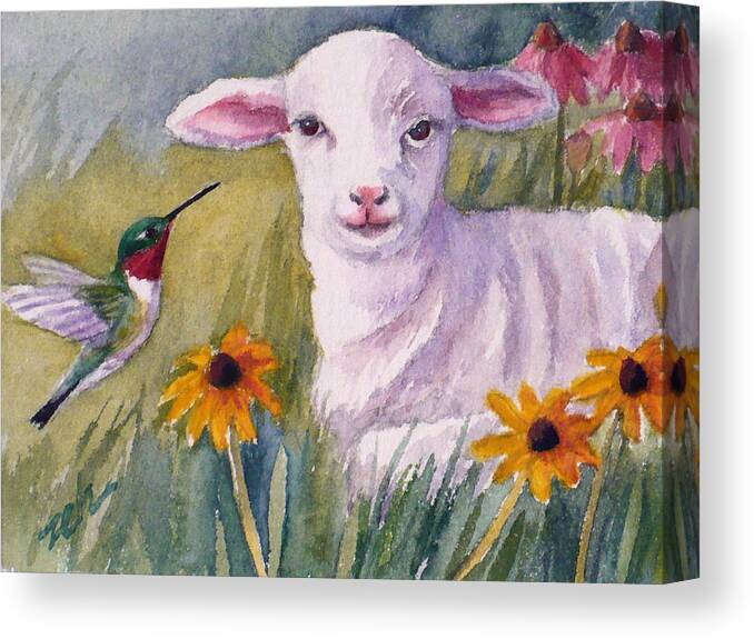Baby Animals Canvas Print featuring the painting Pissaro and the Lamb by Janet Zeh