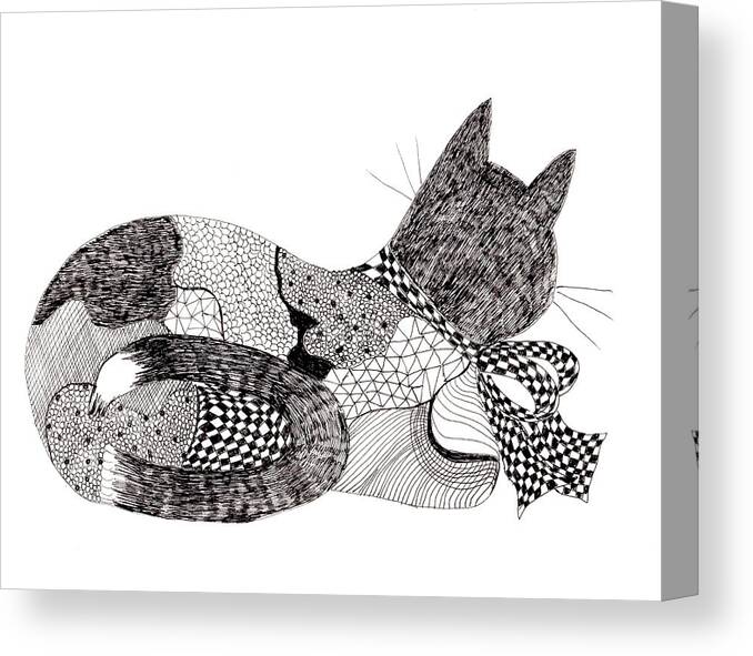 Cat Canvas Print featuring the drawing Quilt Cat with Bow by Lou Belcher