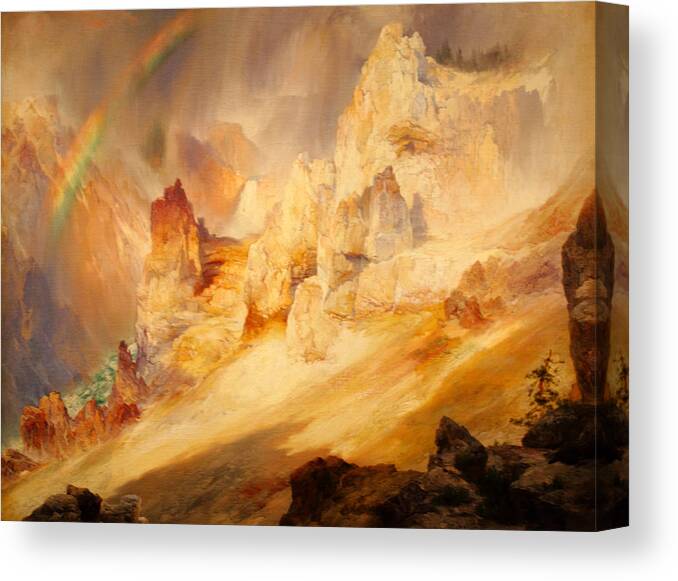 Thomas Moran Canvas Print featuring the painting Rainbow over the Grand Canyon of the Yellowstone by Thomas Moran
