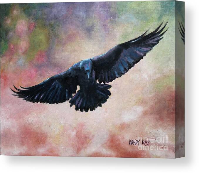 Raven Canvas Print featuring the painting Raven in Flight by Wendy Ray