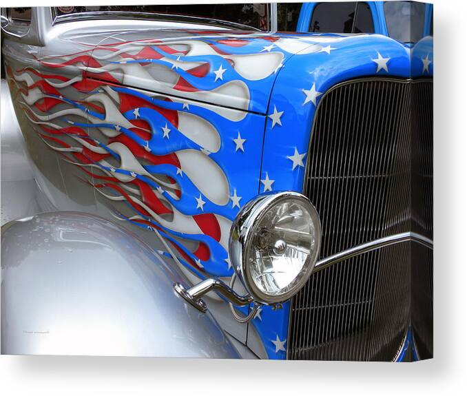 Hot Rod Canvas Print featuring the photograph Red White And Blue Flames by Thomas Woolworth
