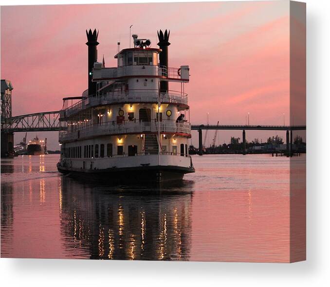 Riverboat Canvas Print featuring the photograph Riverboat At Sunset by Cynthia Guinn
