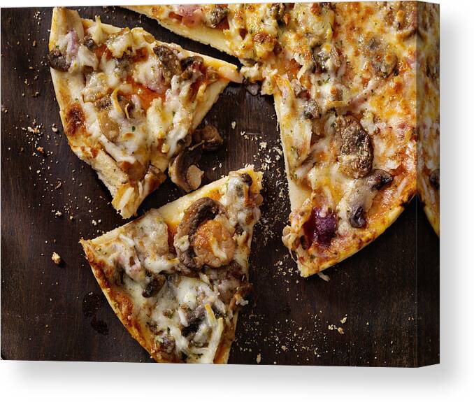 Pepperoni Pizza Canvas Print featuring the photograph Roasted Mushroom, Garlic and Red Onion Thin Crust Pizza by Lauri Patterson