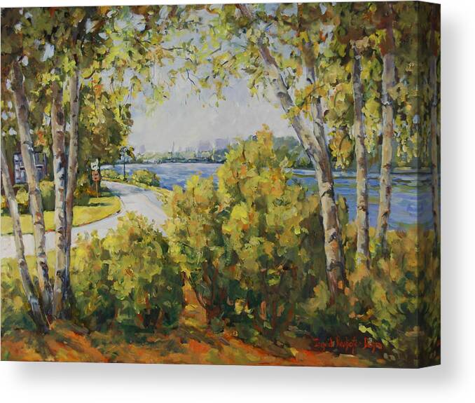 Rockford Il Canvas Print featuring the painting Rock River Bike Path by Ingrid Dohm