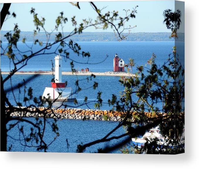 Lighthouses Canvas Print featuring the photograph Round Island Lighthouse and Round Island Passage Light by Keith Stokes