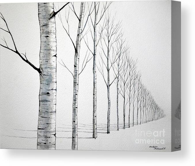 Birch Tree Canvas Print featuring the painting Row of Birch Trees in the Snow by Christopher Shellhammer
