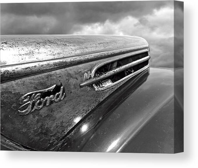 Ford Truck Canvas Print featuring the photograph Rusty Ford Hood and Fender 1942 Black and White by Gill Billington