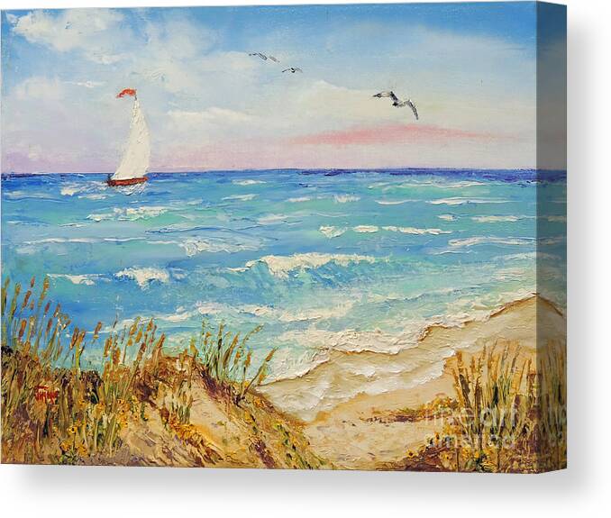 Sailboat Canvas Print featuring the painting Sailing by the Beach by Jimmie Bartlett