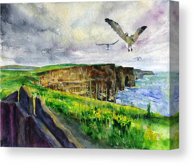 Cliffs Of Moher Canvas Print featuring the painting Seagulls at the Cliffs of Moher by John D Benson