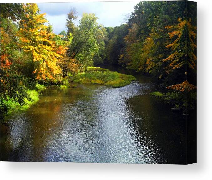 Autumn Canvas Print featuring the photograph Shenago River @ Iron Bridge by Joyce Wasser