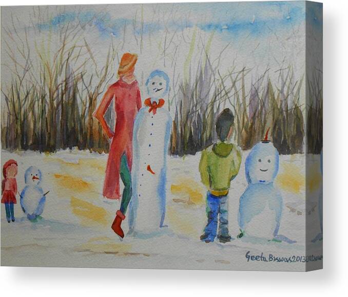 Snowman Canvas Print featuring the painting Snowman competition by Geeta Yerra