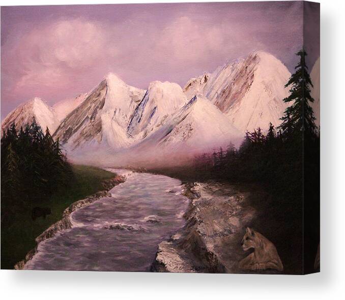 Acrylic Canvas Print featuring the painting Snowy Mountains and River by Janet Greer Sammons
