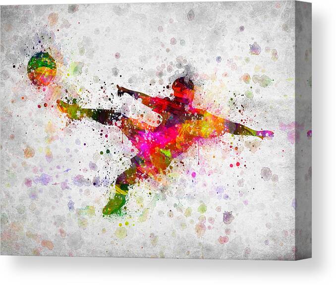 Soccer Canvas Print featuring the digital art Soccer Player - Flying Kick by Aged Pixel