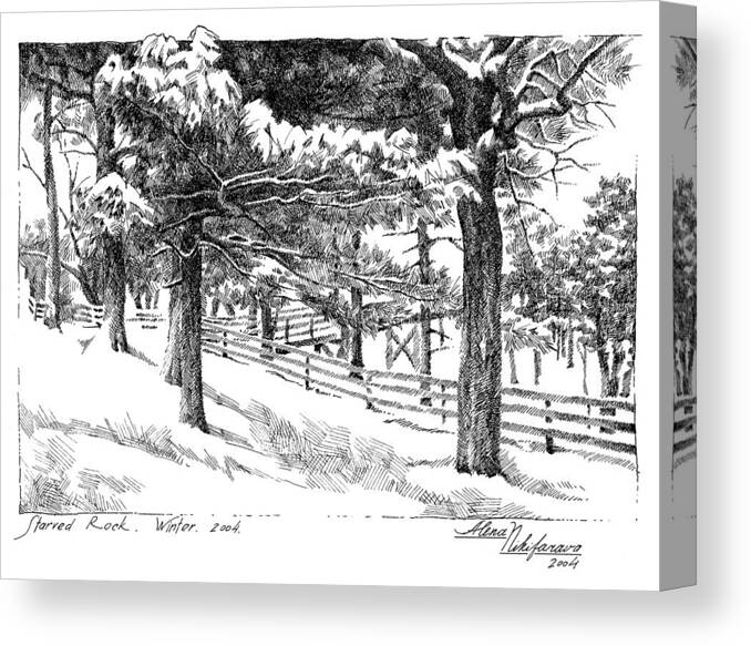  Canvas Print featuring the drawing Starved Rock Winter 2004. Stippling. by Alena Nikifarava