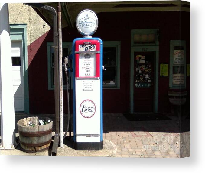 An Old Esso Gas Pump Still Stand In Front Of A General Store In Stillwater New Jersey Canvas Print featuring the photograph Old Stillwater Garage and General Store New Jersey and Esso Gas Pump by Carol Wisniewski