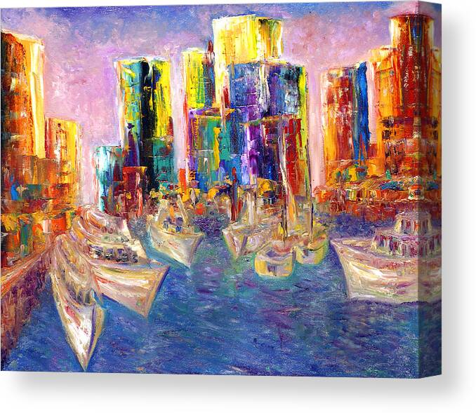  Canvas Print featuring the painting Sunset In A Harbor by Helen Kagan