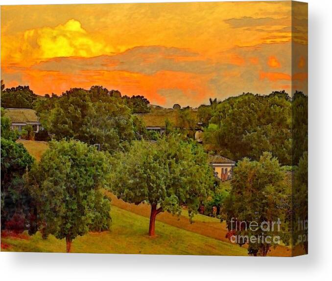 Sharkcrossing Canvas Print featuring the digital art H Sunset Over Orchard - Horizontal by Lyn Voytershark